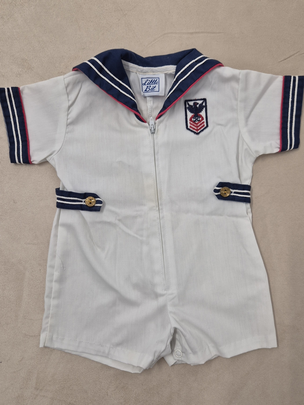 Vtg Little Bit White & Navy Sailor-Style One-Piece Romper Bodysuit Sm